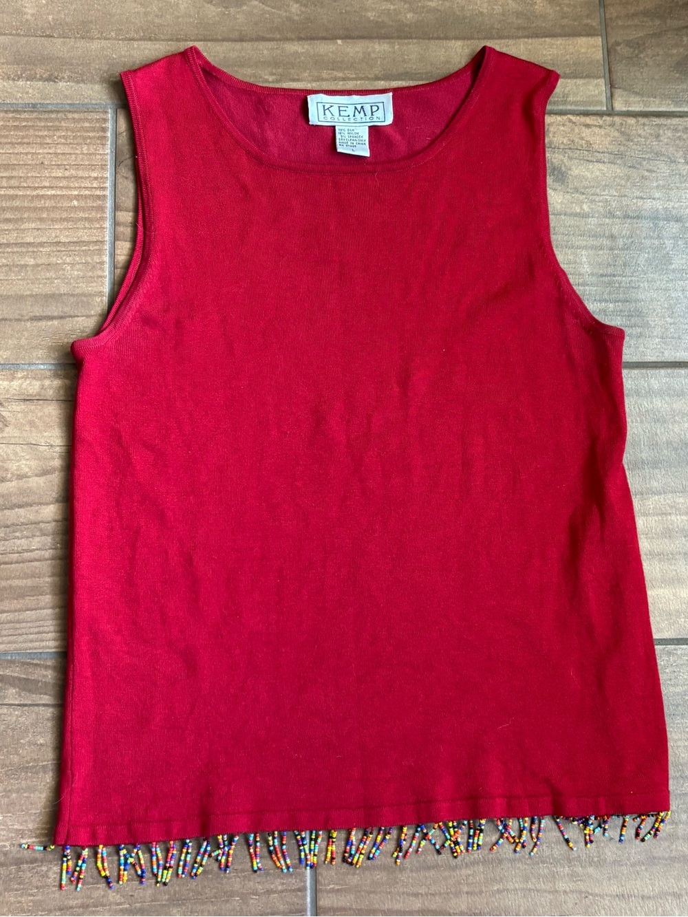 Kemp Collection Red Silk Blend Beaded Fringe Tank Top Size L y2k festival